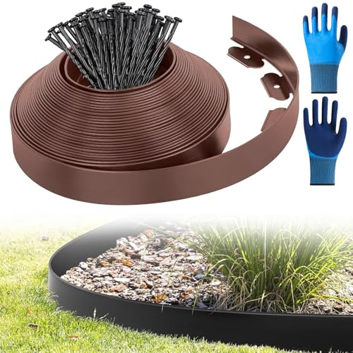 Flexibel gräskant, plast, med 50 jordankar, rabattkant, plast, längd 10 m, höjd 5 cm (10 m*5 cm, brun)