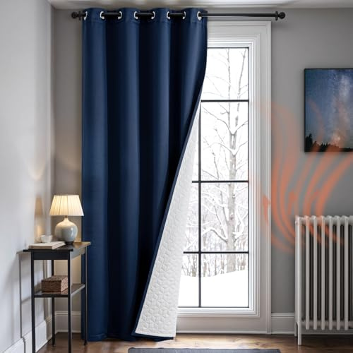 MIULEE Rideau Occultant Thermiques Anti Froid Hiver avec Doublure Epais, Double Rideau de Porte d'entrée Isolant Thermique à Oeillets Lot de 1, Rideaux Anti Froid pour Chambre Salon, Bleu, 132x225 CM