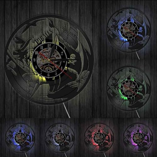 Pirates Ship Vinyl Record Wall Clock Home Decor Sea Ship Sailing Boat Wall Art Decorative Clock Watch Gift Mariner Captain with LED