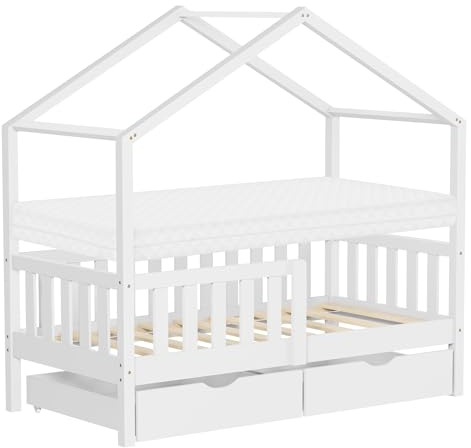 ML-Design barnsäng hussäng 70x140 cm Vit med madrass träsäng med 2 lådor fallskydd ribbotten leksäng av furu Montessorisängram golvsäng hus juniorsäng för barn lek och vila trygg sovplats