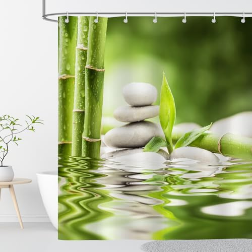 OCEUMACO Cortina de Ducha Antimoho para Bañera 200x200 cm Estampada Piedras Bambú Verde Cortina Ducha Tela Impermeable Poliéster Zen Cortinas de Baño con Anillas Ojales Lavable a Máquina