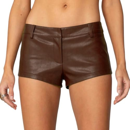 Acrawnni Women's Y2k Faux Leather Mini Shorts Sexy Low Rise Going Out Party Rave Club Skinny Hot Pants PU Biker Wide Leg Dressy Micro Shorts (A-Dark Brown, S)