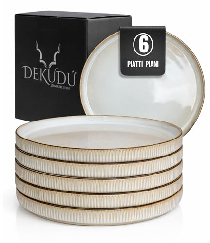 DEKUDÙ Platos Vajilla Platos Llanos Ceramica de Gres de Calidad - Fabricados a Mano - 6 Piezas de 26 cm - Gran Dureza Aptos Lavavajillas Microondas - Estilo Moderno - Color Beige