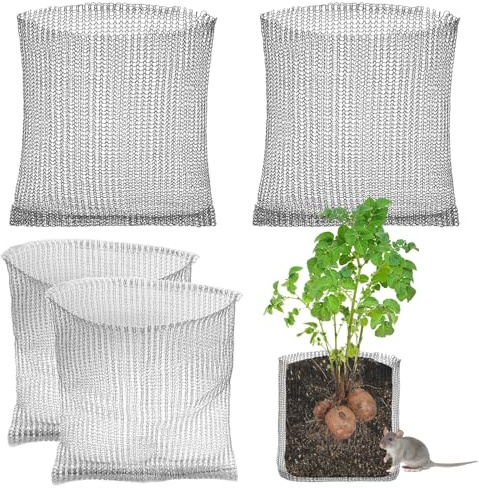 FxlStelrion 4 Piezas Bolsa de Malla Tejida de Acero Inoxidable, Cestas para Roedores, Malla Protectora para raíces de Plantas, Protección de Raíces para Verduras, Frutas y Flores (35 x 35cm)