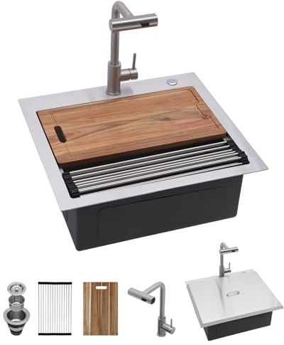 Kichae 25 Outdoor Küchenspüle Drop In – 63,5 x 55,9 cm Edelstahl Drop In Spüle 16 Gauge mit Abdeckung für kleine Außenküchen, Barvorbereitung und Wohnmobil