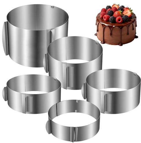 YUENPUN 5 anelli per torte regolabili, in acciaio inox, 16-30 cm, rotondi, regolabili, per torte e torte, colore: argento