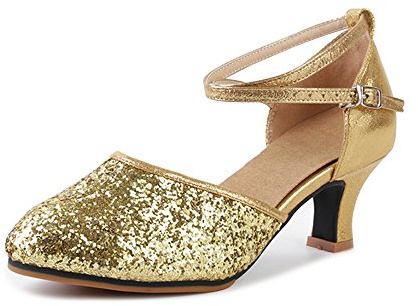 OCHENTA Womens Sequined Leather Pointed Toe Kitten Heel Latin Ballroom Dance Shoes Rubber Gold-UK 5-Tag 40