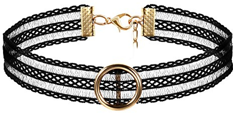 JewelryWe Schmuck Damen Choker Kette Kropfband Set schwarz mit O-Ring Anhänger Gold, Gothic Tattoo Stretch Samt Spitze Joker Halskette Halsband Lolita Sexy für Junge Frau und Mädel