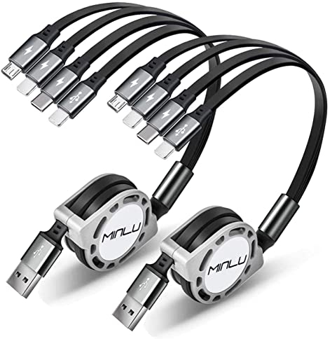 Minlu Multi Charger Cable, 4 in 1 Retractable Charging Cable [2Pack 1.2M] USB Multi Charger Cable with Lightning/Type C/Micro USB Port Compatible with iPhone 17 16 15 14/Huawei/Samsung/Pixel/Sony/LG