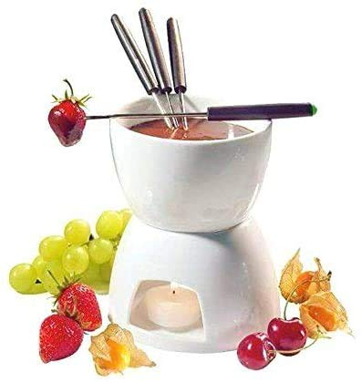 HomeZone® - Juego de 10 fondue de chocolate de cerámica con tenedores de acero inoxidable, platos de media luna, fondue, vela, cumpleaños, día de la madre, fiesta de pijamas para niñas
