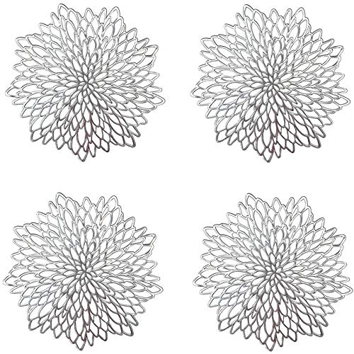 4 Piezas Manteles Individuales Huecos de Plata, Manteles Individuales Redondo Hueco Flor Posavasos, Mantel Antideslizante de Hoja de Vinilo Laminado, para Decoración de Mesa (Plata)
