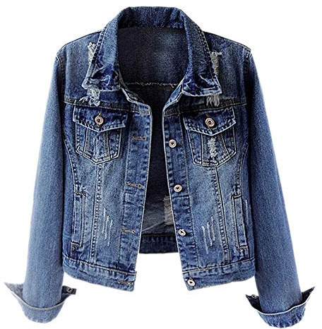 Kedera Jean Jackets for Women Fashion Ripped Distressed Casual Long Sleeve Denim Jacket Basic Button Down Jean Coat Winter Spring Autumn US 8-10(M) Dark Blue
