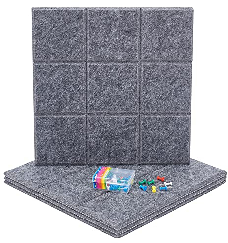 nbeads 4 STK. Filz Pinnwand, Quadratisches Filzbrett Schallabsorbierende Dekorplatte Memo Bulletin Wall Board Mit 40 Push Pins Für Office Home Decor, Grau, 30x30 cm