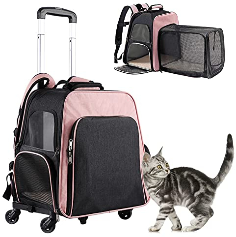 PJDDP Hunderucksack 2 in 1 Hundetrolley Katzenrucksack Für Kleine Hunde Katzen Transporttasche Katzen Transportboxen, Erweiterbare Reisetasche Mit Griff Und 4 Rädern,Rosa