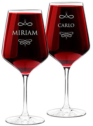 Maverton 2 Calici da vino Rubino - 530 ml XL - in vetro - ideali per vino rosso e bianco - incisione personalizzata – idea regalo di matrimonio - regalo di Natale - nomi