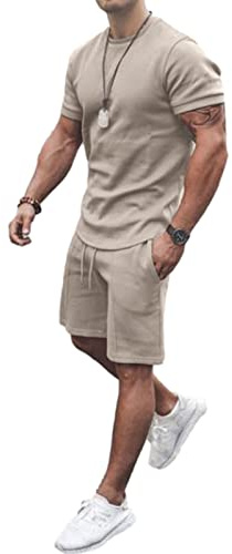 amropi Herren Sportanzug Jogginganzug 2 Teile Sommer Trainingsanzug Kurzarm Kleidung Set Khaki,L