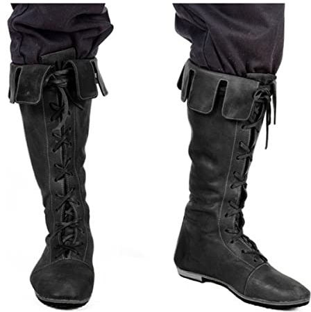 MANZH Botas Medievales de caña Larga, Zapatos de Encaje de Cuero de PU Retro del Renacimiento, Zapatos de Caballero Vikingo Guerrero, para Cosplay,Negro,44