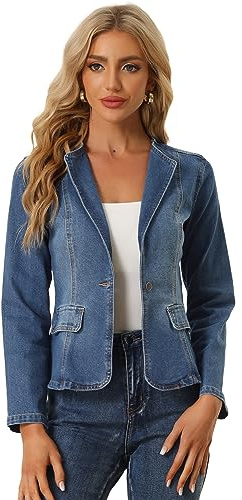 Allegra K Veste En Jean Pour Femmes Col À Revers Pour Blazer En Jean À Un Bouton À Manches Longues Bleu S