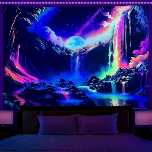 OSVINO Arazzo da parete con luce nera, 150 x 200 cm, con cascata arcobaleno, reattivo ai raggi UV, per camera da letto, soggiorno e camera hippie, ideale per Halloween
