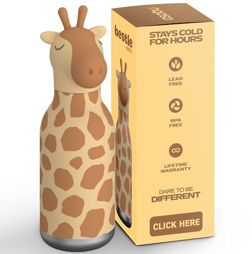 ASOBU Bestie Kindertrinkflasche mit Strohhalm – Isolierte Edelstahlflasche 420ml mit Giraffenkopf – Auslaufsicher & BPA-frei