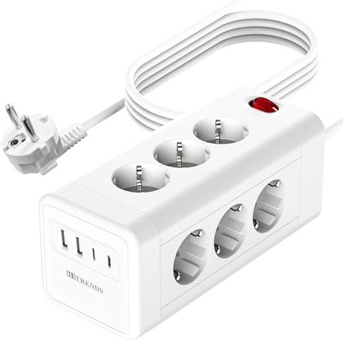 Steckdosenleiste mit 4 USB, Mehrfachsteckdose mit 2 USB C, Verteilersteckdose Wandmontage, Steckerleiste mit Schalter, 12-Fach Power Strip, Mehrfachsteckdosen mit 2m Kabel - Weiß