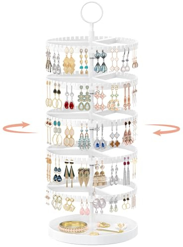 iDavosic.ly Organiseur rotatif à 5 niveaux pour boucles d'oreilles avec plateau en métal, présentoir réglable en plastique avec 285 rainures, grande tour de rangement pour cerceaux, Blanc