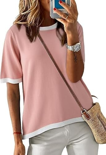 Cuptacc Maglietta Donna a Righe, Top Estate con Collo Tondo e Manica Corta, Tunica Elegante in Cotone, Rosa2， Taglia L 42-44