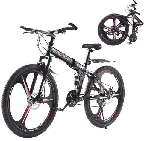 BSTSEL 27.5 inch Folding Mountain Bike 21 Speed Front Suspension Mountain Bike Double Disc Brake Bicycle 3-Spoke 10-Spoke Wheels for Unisex Adult Mens Bike (3-Spoke Wheel, Black&Red)