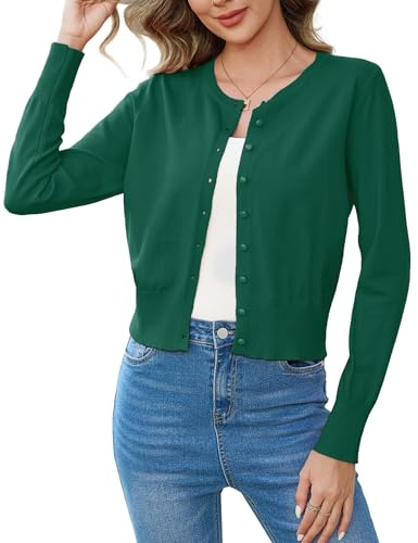 Aottori Boléro Gilet Court Femme Chic et Elegant Tricoté Veste Cardigan Boutons Manches Longues Top pour Robe Mariage Bretelle Soirée Pull Léger Vert L