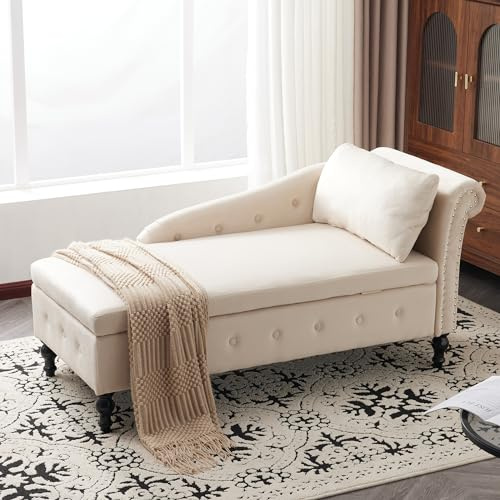 BOSTEU Velvet Chaise Longue with Storage, Indoor Lounge Sofa with Right Armrest and Pillow, Upholstered Chaise Lounge for Living Room Bedroom Office (Beige)