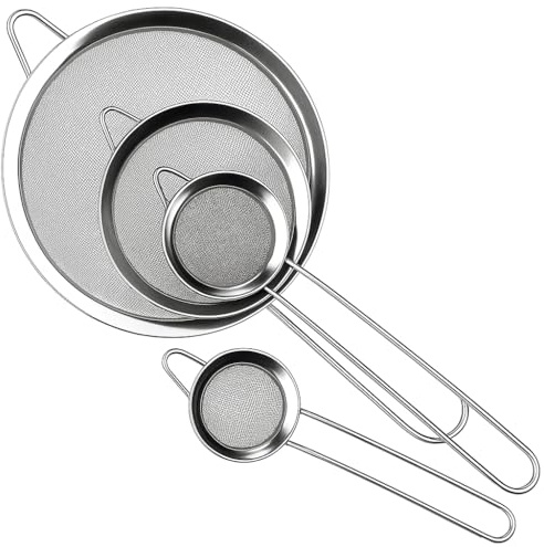 CHEFZOCO Colador de cocina con mango, Escurridor acero inoxidable,Cedazo de acero con mango, Tamiz de cocina, Longitud 20/25/30/35 cm, Acero inoxidable, Pack de 4 coladores