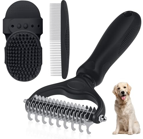 Pet Grooming Rake for Dogs and Cats - Double-Sided Deshedding Dematting Tool, 4-in-1 Undercoat Rake & Metal Comb for Long and Short Haired Pets, Reduces Shedding by 95%, 4Pack