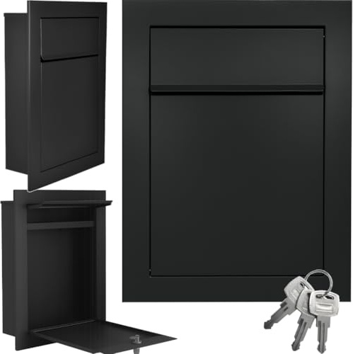 ALSTEN TECH Boîte aux lettres encastrée RAL9017 - Noir - En acier galvanisé revêtu par pulvérisation - Résistant aux intempéries - Montage mural avec serrure - Porte-nom DIN A4