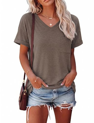 Aottori Camiseta Mujer Manga Corta Cuello en V Bolsillo Pecho | Look elegante, Oficina y ocio, Ropa casual, Fondo de armario, Capas ligeras, Detalle funcional, Uso diario