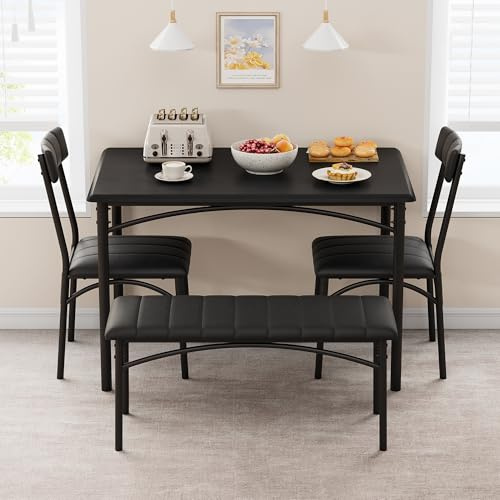 Aptliton Dining Table Set, 4 Piece Space Saving Kitchen Table with 2 Padded Chairs and 1 Bench, Compact Dining Furniture for Small Space, Apartment