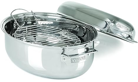Viking 3-Ply Oval Roasting Pan, 8.5 Quart, Stainless Steel Kitchen Cookware with Metal Induction Lid and Rack, Great for Turkey, Dishwasher and Oven Safe, Silver