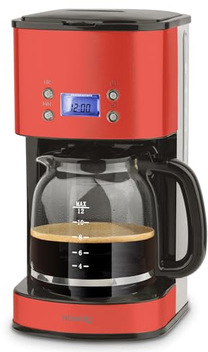 H.Koenig Cafetière Programmable à filtre Rouge Inox 1,5L (12 tasses) MG30, 1000W Carafe en Verre Gradué, Système Anti-Gouttes, Maintien au chaud, Ecran LDC, Arrêt auto, Porte-filtre amovible lavable