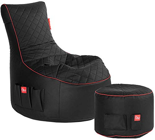 GAMEWAREZ Crimson Hurricane 2.0 Bundle – Set aus Gaming-Hocker und Gaming-Sitzsack, mit Seitentasche & Headset-Halter, Kunstleder, schwarz-rot
