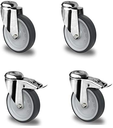 Satz Edelstahlrolle 100 mm Gummi grau spurlos Rückenloch mit ohne Bremse V2A INOX Transportrolle Apparaterolle aus Edelstahl