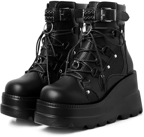 mikarka Holographic Platform Boots for Women, Lace Up Ankle Studded Buckle Goth Stacked Wedge Combat Ankle Booties