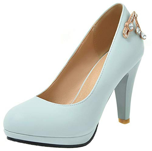 Zapatos de Vestir Mujer, Zapatos Tacón Embudo Elegante Zapatos de Boda Tacón Alto Punta Redonda con Plataforma Strass Azul Talla 43 EU