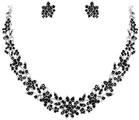 EVER FAITH österreichischen Kristal Blume Blatt Hochzeit Schmuck-Set Schwarz Silber-Ton