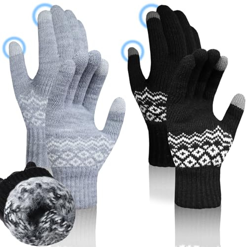 NLAND Guantes de Punto Guantes Pantalla Táctil para Mujer Hombre Manoplas Unisex Guantes Invierno de Ciclismo 2 Pares (Negro+Gris, Talla única)