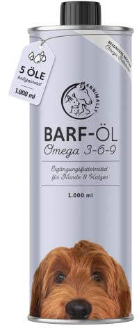 Barf Öl für Hunde 1000ml Barföl mit Omega 3-6-9 aus: Lachsöl, Rapsöl, Hanföl & Borretschöl - Futteröl für Hund als Futter Topping (Barf Zusatz)