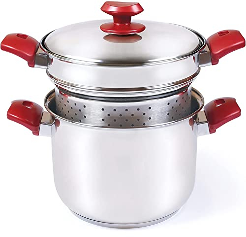 BAKAJI Set 3 Pezzi Pastaiola in Acciaio Inox, Vaporiera con Manici Rivestiti e Coperchio in Vetro, Pentole da Cucina per Cottura a Vapore Adatto a Sorgenti Gas, Elettriche, Vetroceramiche e Induzione