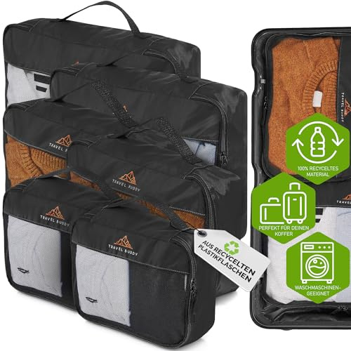 TRAVEL BUDDY® Resväskorganiseringsset – 100 % återvunnet material – ultralätt och tvättbar – 6 svarta packväskor för din resväska