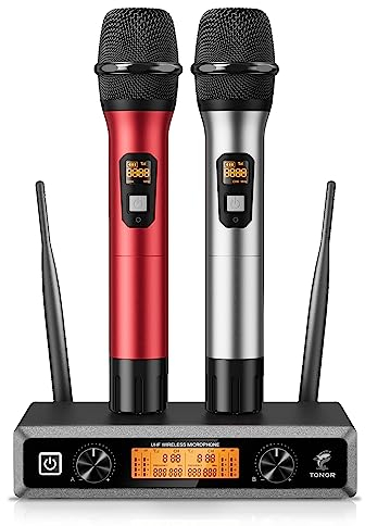 TONOR Micrófono Inalámbrico Dual Sistema de Micrófono Inalámbrico de Mano Profesional UHF, Set KTV Hogar para Karaoke, DJ, Fiesta, 60 Metros, TW820, Plata y Rojo