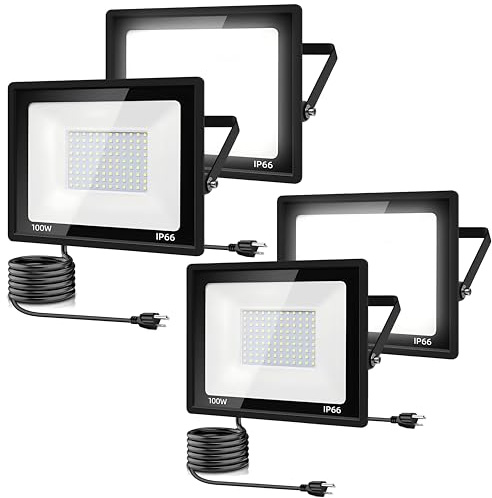 4Pack LED Flood Light Outdoor,100W LED Work Light 11000lm with 6FT US Plug,IP66 Waterproof Exterior Security Lights,6000K Daylight White Outside Floodlights Slim Design for Playground Yard