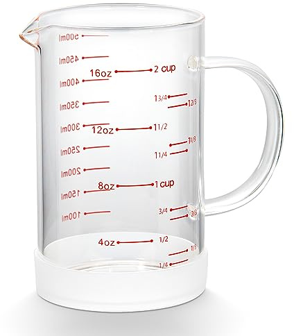 2 Cup Glass Measuring Cup with Handle, 77L High Borosilicate Glass Measuring Cup with V-Shaped and Three Scales (Cup, OZ, ML), Glass Liquid Beaker with Silicone Base, Double-Sided Measure Scales