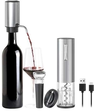 ELMWAY 4-in-1 Electric Wine Opener & Aerator Set – Compact Rechargeable Corkscrew & Rechargeable Electric Wine Aerator Pourer with Foil Cutter & Vacuum Stopper, for Home, Bar & Wine Lovers